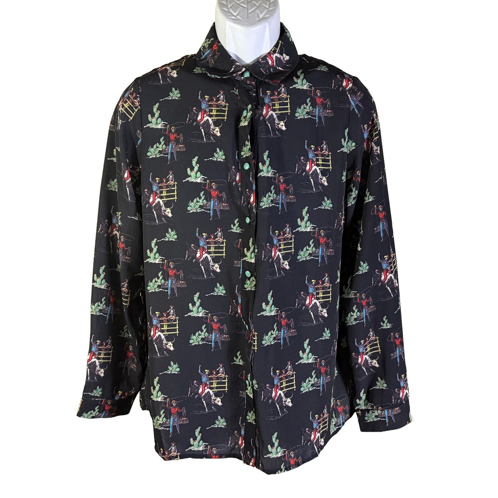 Fashion Express Rodeo Print Shirt Womens Large Black Western Cowboy Bull Riding